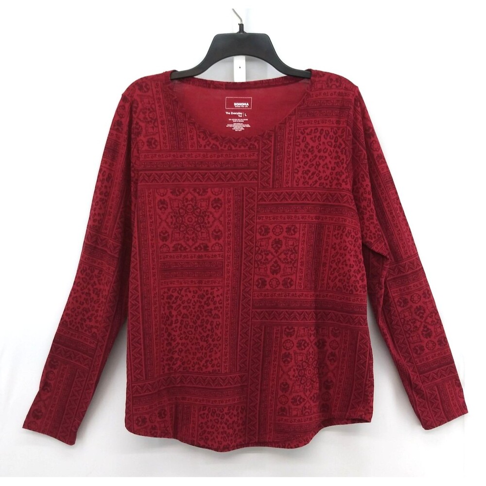 Sonoma Shirt Women Size L Red Fair Isle Long Sleeve Round Neck Lightweight Top